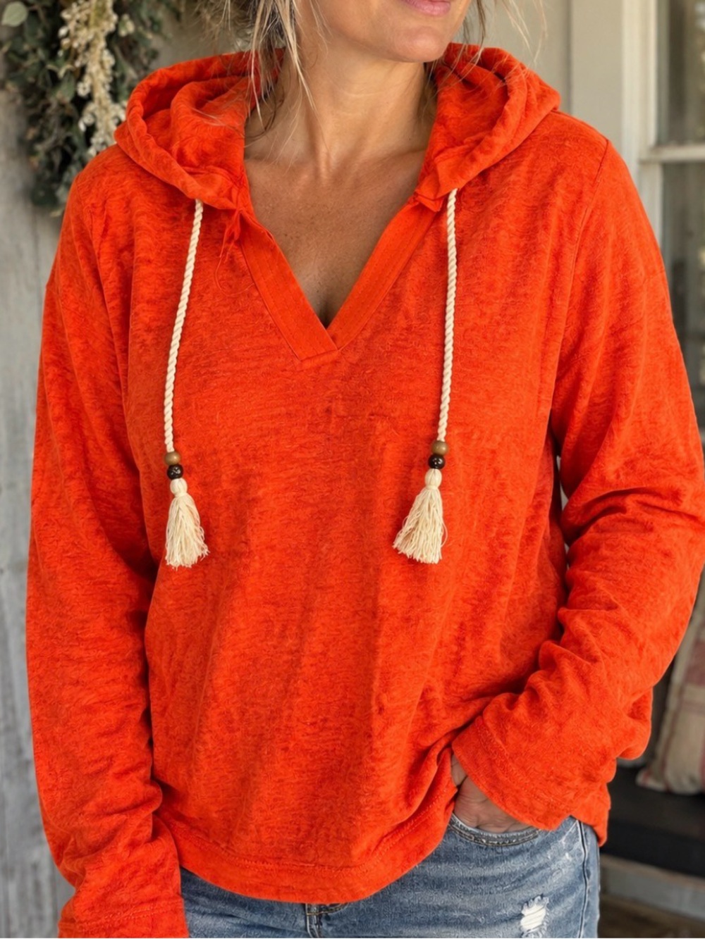 Sigrid Olsen Orange V‑Neck Terry Hooded Pullover